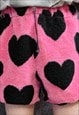 HEART PRINT FLEECE SHORTS HANDMADE HEART EMOJI OVERALLS PINK