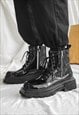 SHINY RUBBER BOOTS SQUARE TOE TRACTOR PLATFORM SHOES BLACK