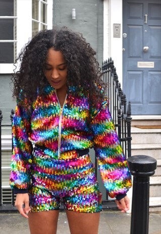 RAINBOW SEQUIN CROP BOMBER JACKET