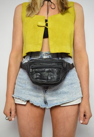 VINTAGE 90S BLACK LEATHER BUM BAG FANNY PACK GRUNGE RETRO
