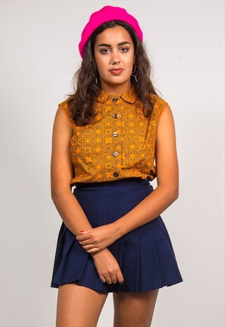 VINTAGE 70'S ORANGE TILE PATTERN SLEEVELESS SHIRT TOP