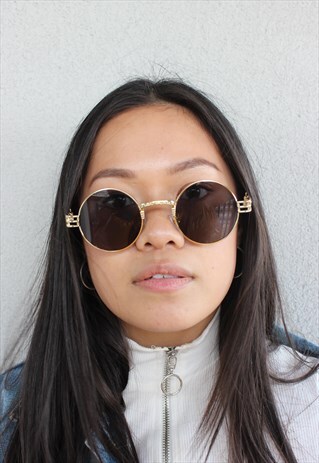 BLACK LENS GOLD FRAME ROUND Y2K STYLE SUNGLASSES