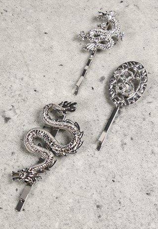 SILVER DRAGON JAPANESE STYLE HAIR SLIDE SET