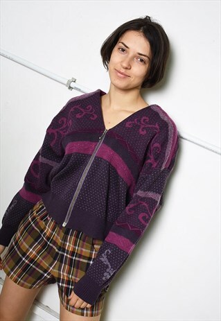 VINTAGE 90S MONOCHROME SLOUCHY KNIT CARDIGAN IN PURPLE