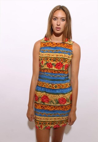 VINTAGE 1990S 90S TRIBAL PRINT DRESS LEOPARD ROSES MINI S-M