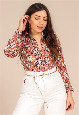 VINTAGE 70S CROPPED BLOUSE IN CHECKED PRINT