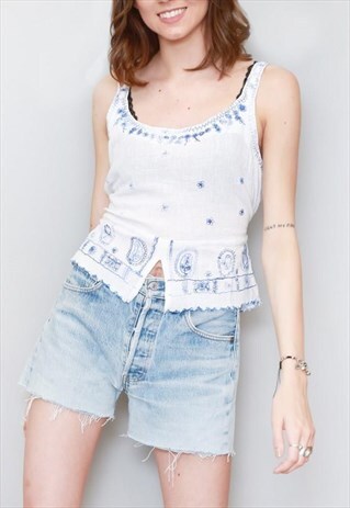 VINTAGE 1970'S WHITE & BLUE EMBROIDERED COTTON TOP