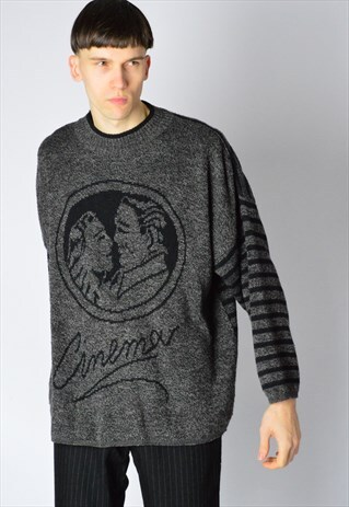 VINTAGE 70S GREY STRIPED CINEMA LOVE JUMPER