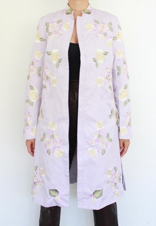 VINTAGE WHISTLE LILAC PURPLE FLOWER EMBROIDERY TRENCH JACKET