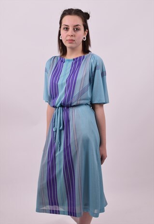 VINTAGE 80'S DOES 50'S CUTE PASTEL STRIPE DAY DRESS 10 12 14