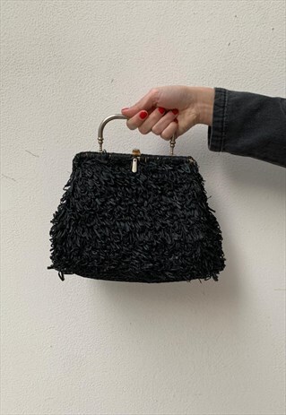 VINTAGE 80S HANDMADE BAG IN BLACK STRAW WITH HANDLE