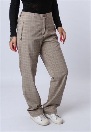 TROUSERS PRINT HIGH WAISTED STRAIGHT CHECKED UK 14 - 16 E8GZ