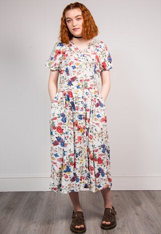 90'S VINTAGE WHITE FLORAL PATTERN BUTTON FRONT MIDI DRESS