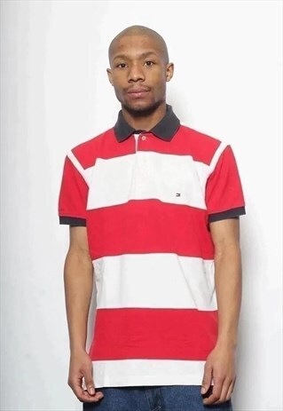 VINTAGE TOMMY HILFIGER STIPED POLO SHIRT RED AND WHITE