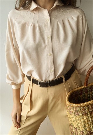 RARE VINTAGE 50S LUXE PARISIAN SATIN CREAM TOP SHIRT BLOUSE