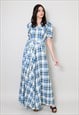 70's Vintage Blue White Check Cotton Short Sleeve Maxi Dress