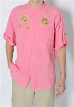 Vintage 70s Salmon Pink Linen Embroidered Collarless Shirt