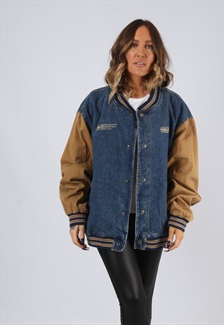 DENIM BOMBER JACKET LINED OVERSIZED VARSITY UK 18 (BJ3R)