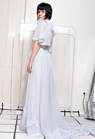 VINTAGE WEDDING DRESS 80S GLAM FRILL LACE WHITE BRIDAL DRESS
