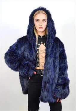 Hooded shaggy fauxfur coat luxury fuzzy luminous bomber blue