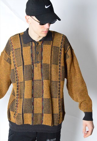 VINTAGE 90S MUSTARD ORANGE CHECK WOOL BLEND JUMPER