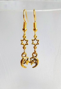 Tiny Golden Moon and Star Linked Drop Earrings