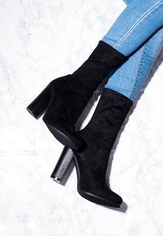 TABITHA SOCK FITTED BLOCK HEEL ANKLE BOOTS SHOES - BLACK