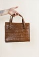 VINTAGE 60S REAL LEATHER BROWN SQUARE NECK HANDBAG