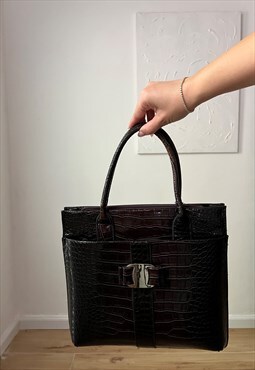 Vintage square hand bag in dark brown with silver buckle 