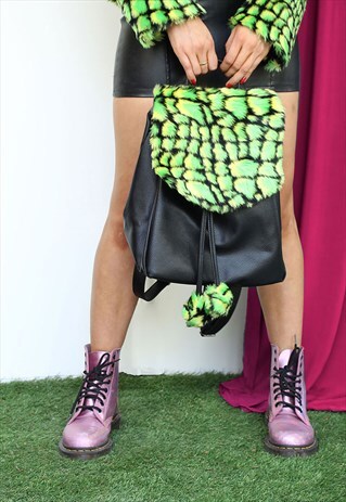 RUCKSACK WITH GREEN ANIMAL PRINT FAUX FUR