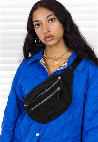 BLACK CORDUROY CROSS BODY BUMBAG 4.8