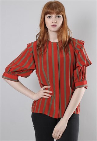 VINTAGE 60S SILK RED GOLD STRIPE PUFF SLEEVE BLOUSE