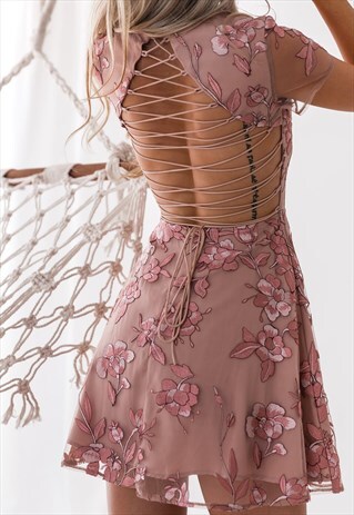 ROSE EMBROIDERED DRESS WITH BACK DETAIL