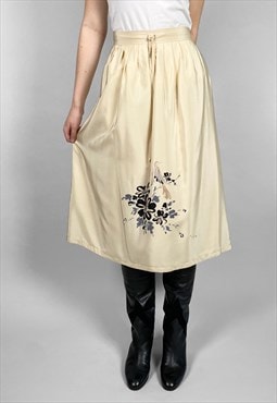 70's Cream Vintage Ladies Bird/Floral Print Skirt Medium
