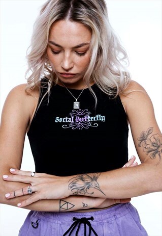 BLACK JERSEY CROPPED SLOGAN TANK TOP