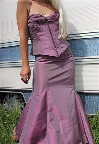 VINTAGE 90S METALLIC PURPLE SKIRT & BUSTIER TOP SET