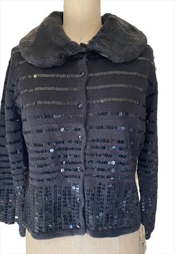 Sequined Cardigan with Faux Fur Trim