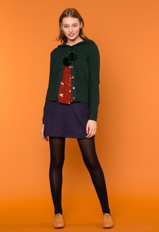 GREEN HOODED POM POM CARDIGAN