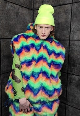 Faux fur sleeveless rainbow jacket festival fleece gilet 