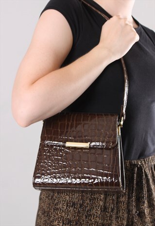VINTAGE 90S PATENT CROCODILE EFFECT BOX BAG HANDBAG