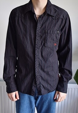Vintage 90s Tom Tailor Long Sleeve Shirt Pinstripe Black