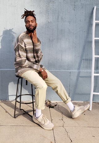 90S OVERSIZE MINIMALIST TEXTURED LINEN BLEND HENLEY SWEATER