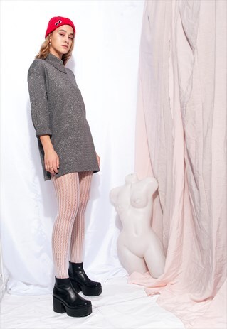 VINTAGE KNIT DRESS 80S GLAM SILVER MOCK NECK JUMPER