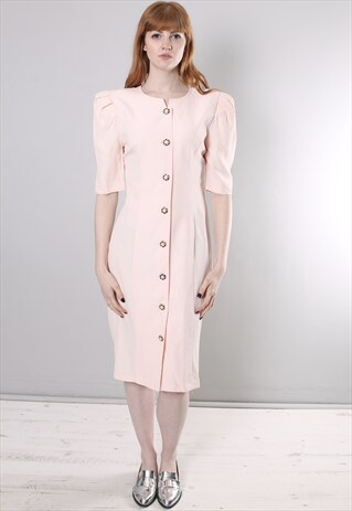 VINTAGE 80S PINK FITTED PUFF SLEEVE MIDI DRESS