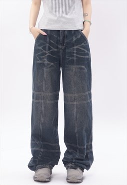 Multi stitching jeans bleach denim trousers distressed pants