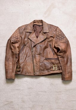 Vintage 80s/90s Brown Real Leather Biker Lancer Jacket 