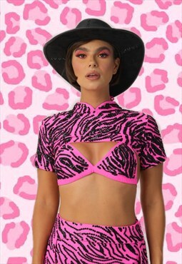 Neon pink tiger print sequin crop top
