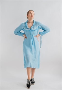 Vintage Long Sleeve Frill Detail Sheer Midi Dress in Blue S