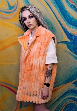 Tie-dye fleece gilet handmade sleeveless hood jacket orange