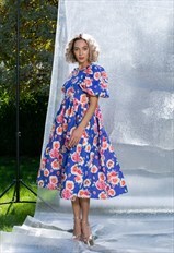 Linen Floral Maxi Dress with Puff Sleeves